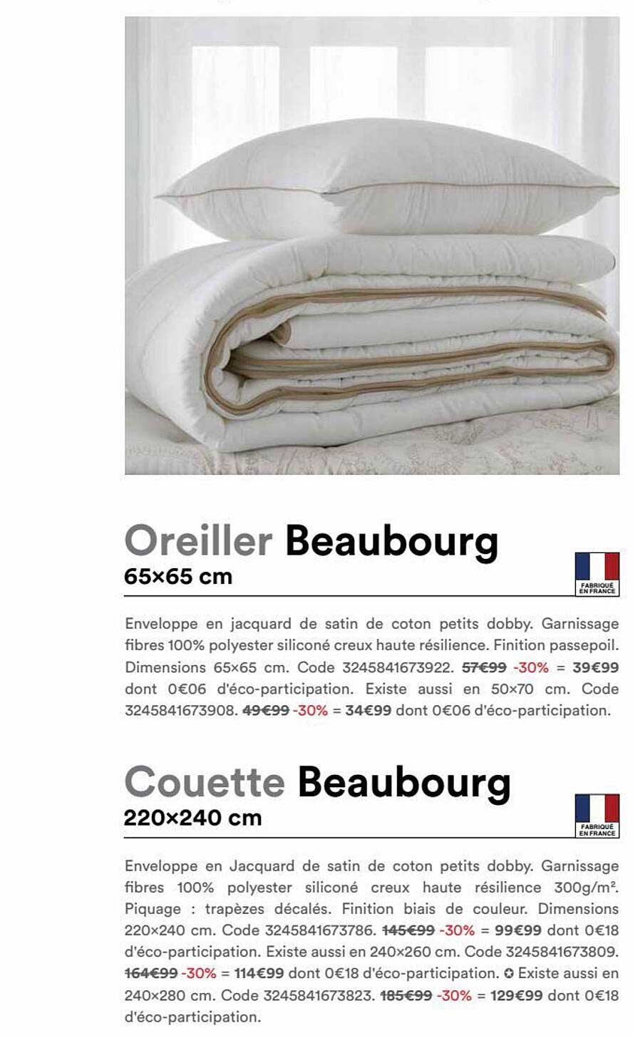oreiller beaubourg 65 x 65 cm, couettee beaubourg 220 x 240 cm