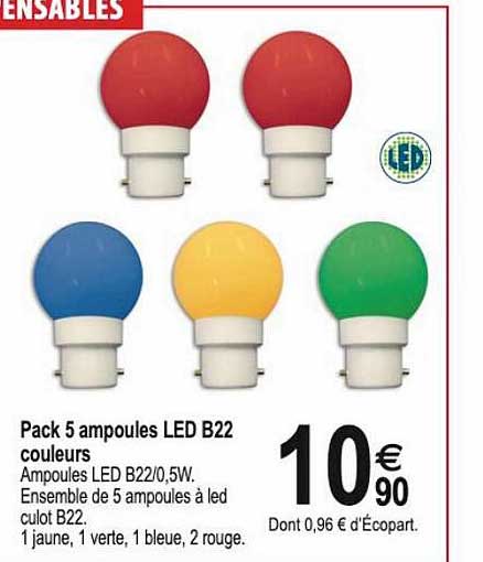 Pack 5 Ampoules Led B22 Couleurs