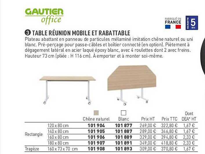 table réunion mobile et rabattable gautier office