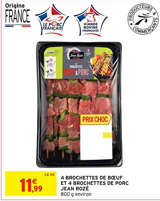 4 brochettes de bœuf et 4 brochettes de porc jean rozé
