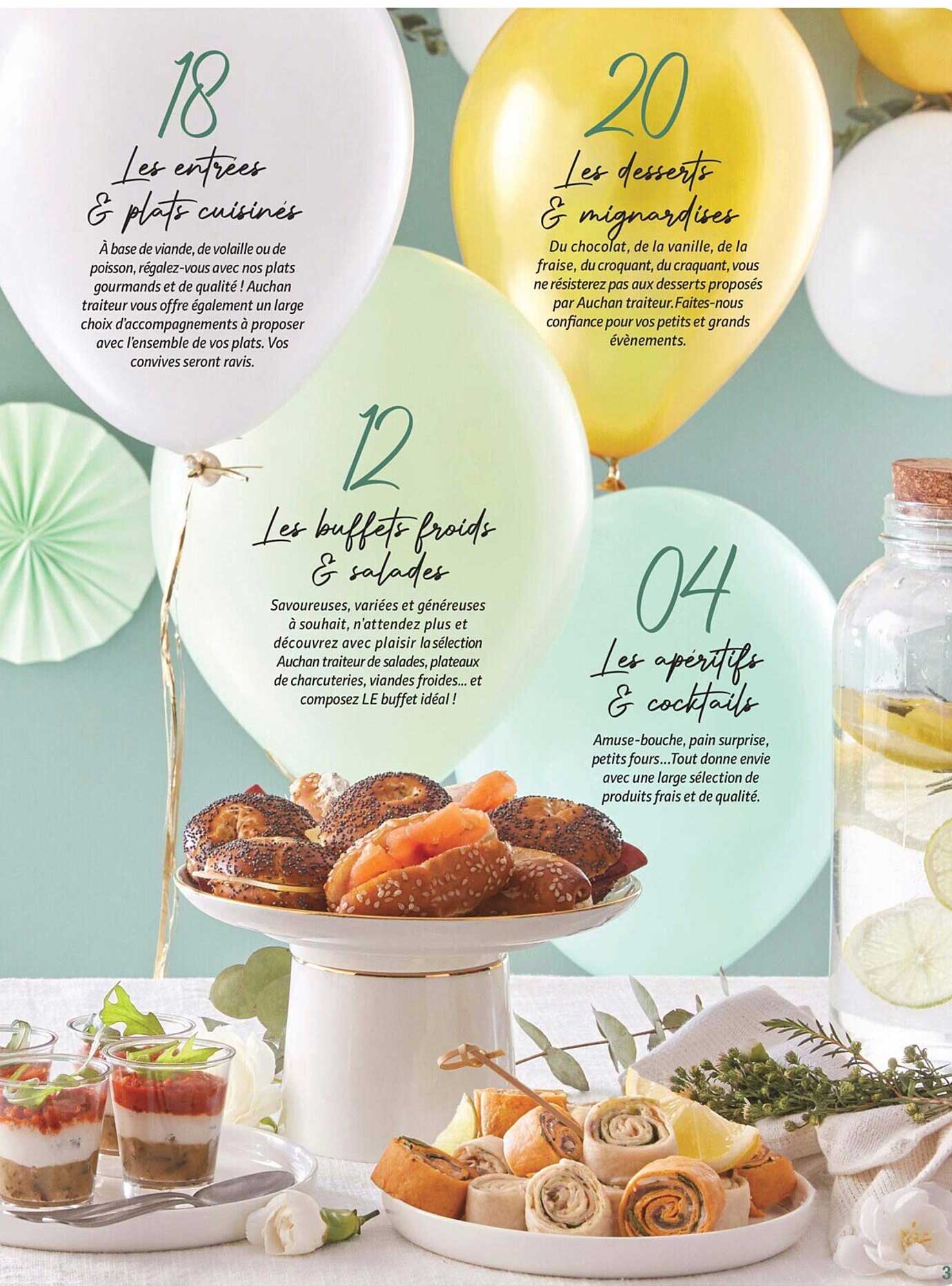 les entrées & plats cuisinés, les desserts & mignardises, les buffets froids & salades, les apéritifs & cocktails