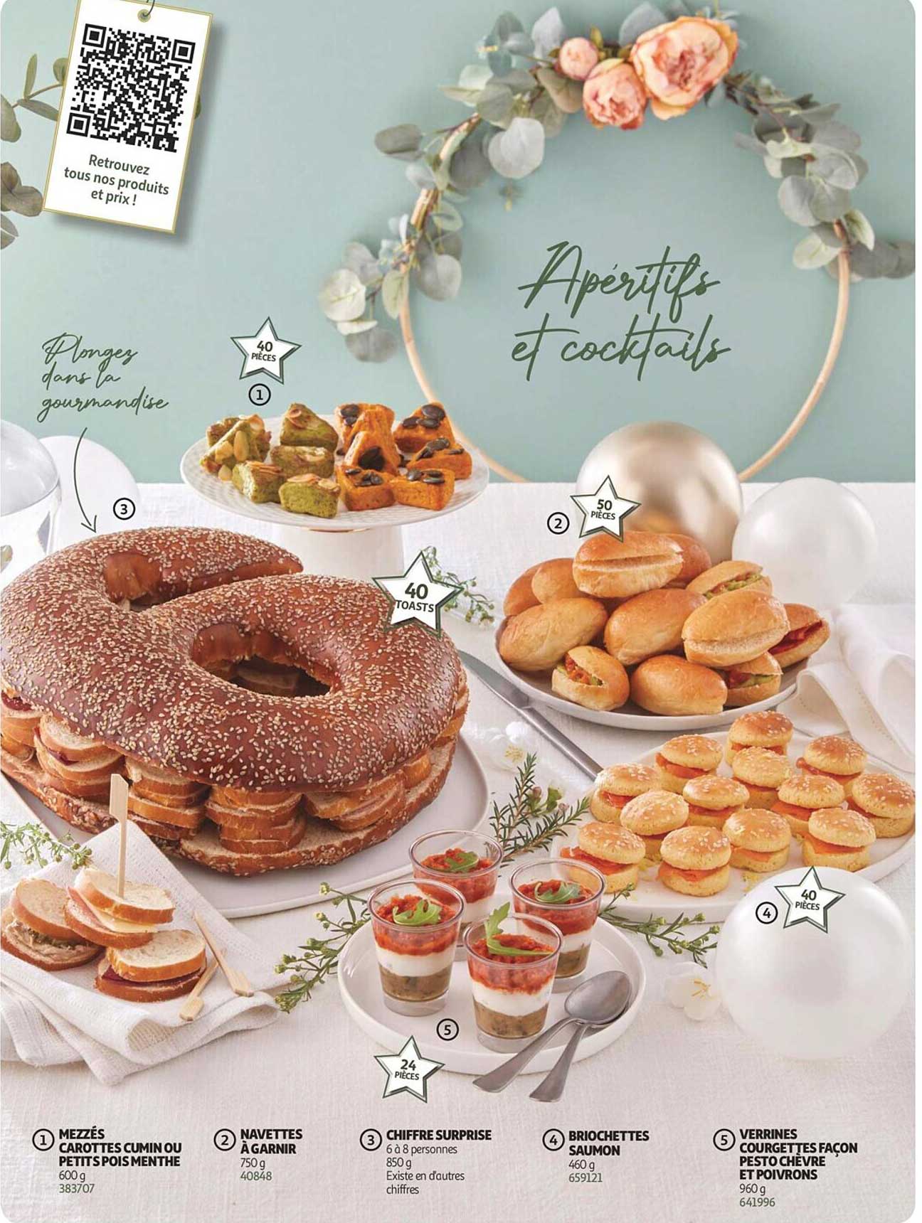 mezzés carottes cumin ou petits pois menthe, navettes à garnir, chiffre surprise, briochettes saumon, verrines courgettes façon pesto chèvre et poivrons