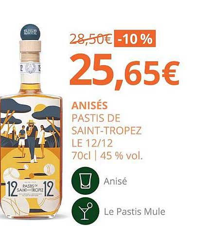 anisés pastis de saint-tropez le 12-12 70cl 45% vol.