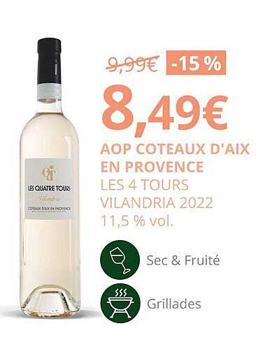 aop côteaux d'aix en provence les 4 tours vilandria 2022 11,5% vol.