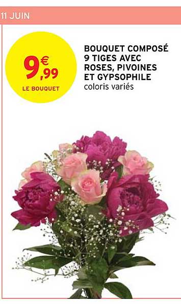 Bouquet Composé 9 Tiges Avec Roses, Pivoines Et Gypsophile