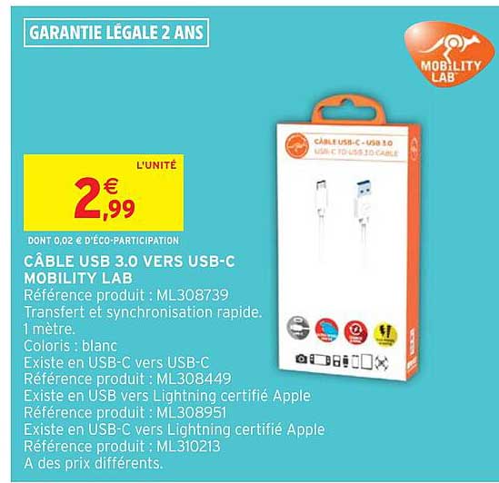 câble usb 3.0 vers usb-c mobility lab