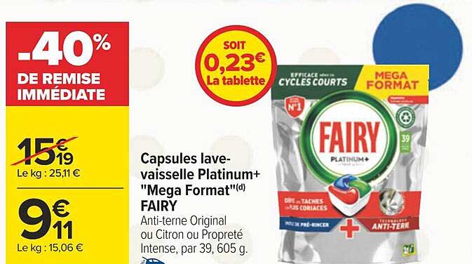 capsules lave-vaisselle platinum+ "méga format" fairy