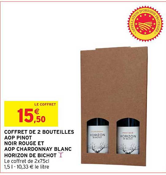 coffret de 2 bouteilles aop pinot noir rouge et aop chardonnay blanc horizon de bichot