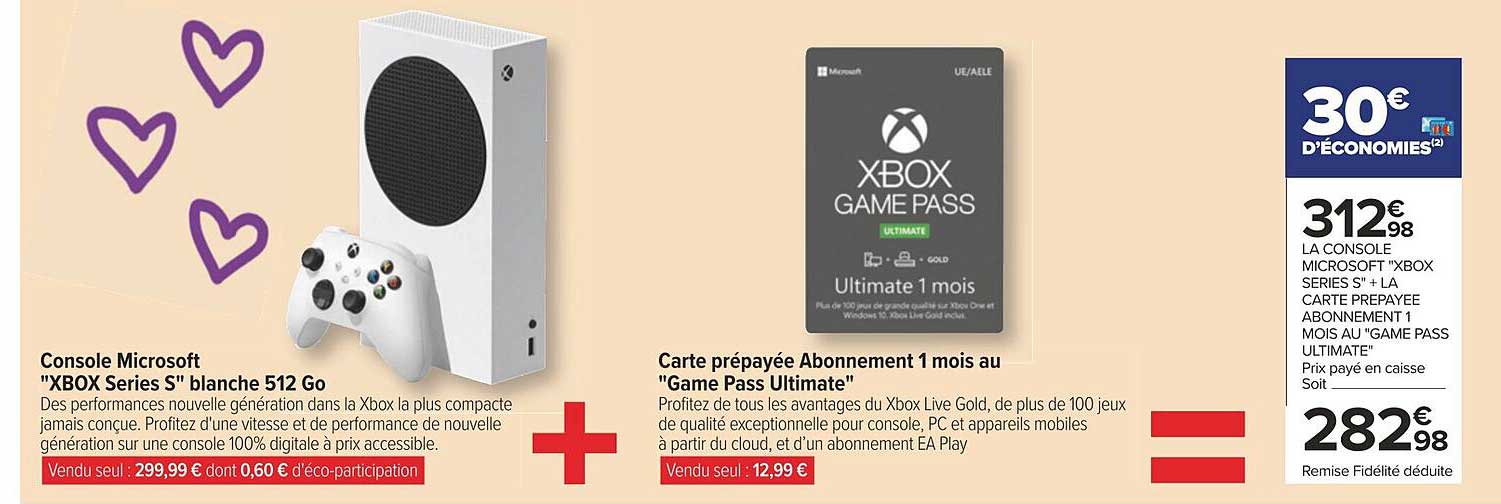 console microsoft "xbox séries s" blanche 512 go + carte prépayée abonnement 1 mois au "game pass ultimate"
