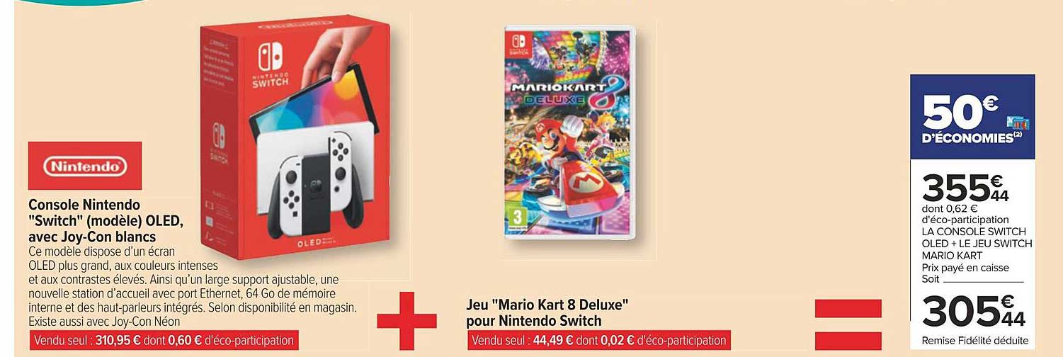 console nintendo "switch" (modèle) oled, avec joy-con blancs + jeu "mario kart 8 deluxe" pour nintendo switch