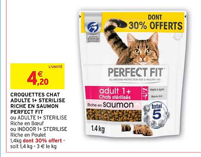 croquettes chat adulte 1+ stérilisé riche en saumon perfect fit