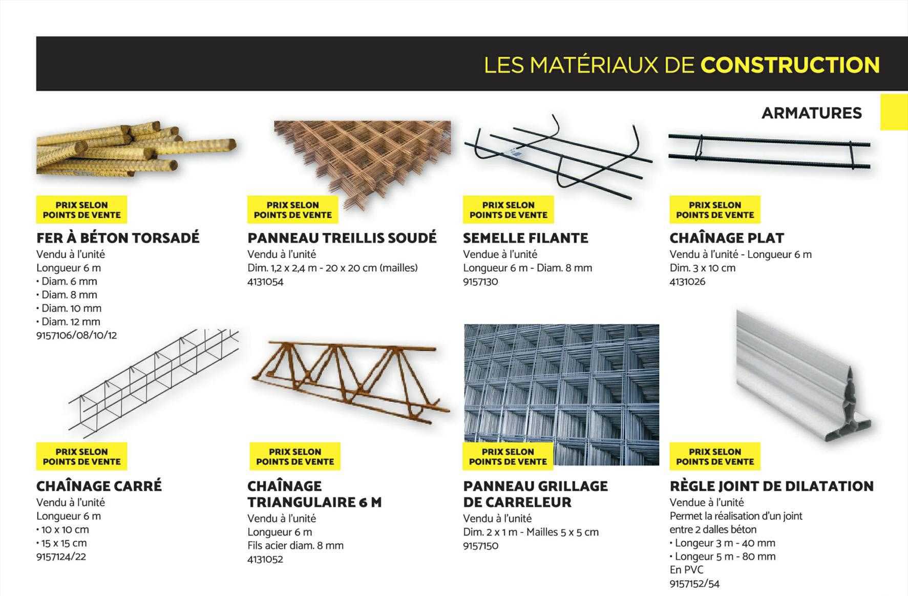 Fer à Béton Torsadé, Chaînage Carré, Chaînage Triangulaire 6m, Panneau Treillis Soudé, Semelle Filante, Panneau Grillage De Carreleur, Règle Joint De Dilatation, Chaînage Plat