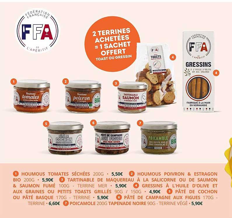 houmous tomates séchées, houmous poivron & estragon bio, tartinable de maquereau à la salicorne ou de saumon & saumon fumé, gressins à l'huile d'olive et aux graines ou petits toasts grillés