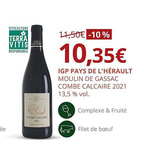 igp pays de l'hérault moulin de gassac combe calcaire 2021 13,5% vol.