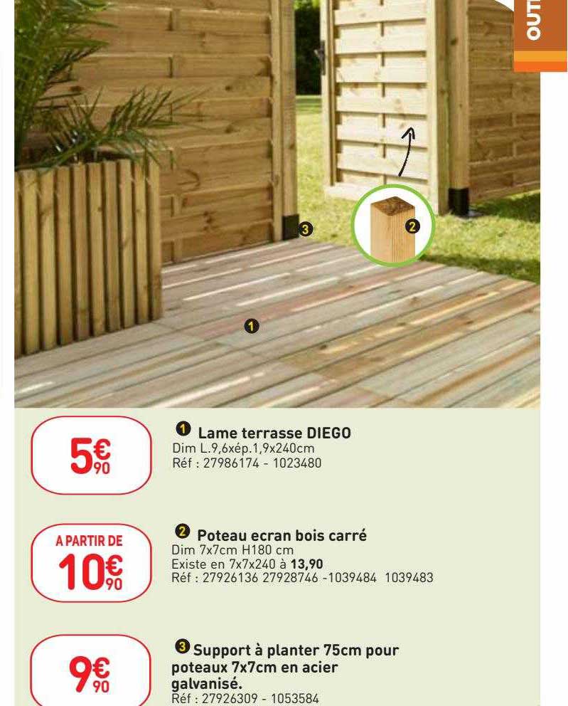 lame terrasse diego, poteau écran bois carré, support à planter 75 cm pour poteaux 7 x 7 cm en acier galvanisé