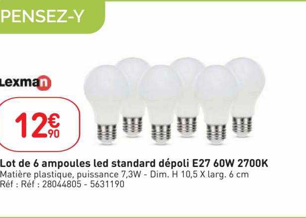 lot de 6 ampoules led standard dépli e27 60w 2700k lexman