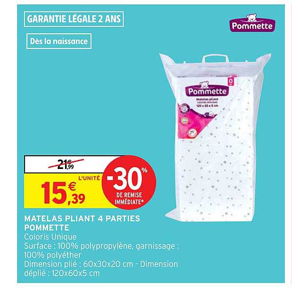 matelas pliant 4 parties pommette