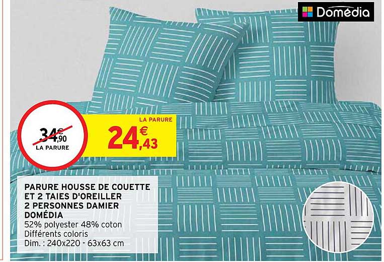 parure housse de couette et 2 taies d'oreiller 2 personnes damier domédia