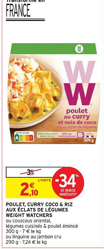 poulet, curry coco & riz aux éclats de légumes weight watchers