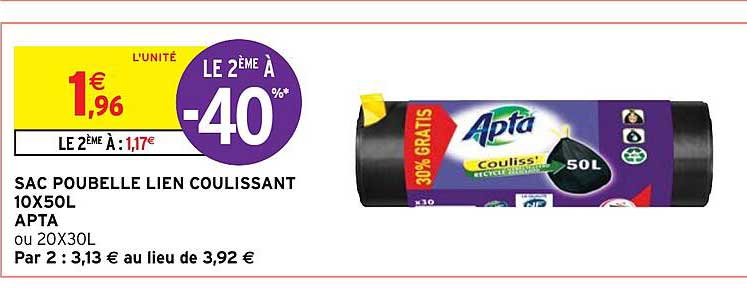 sac poubelle lien coulissant 10 x 50l apta