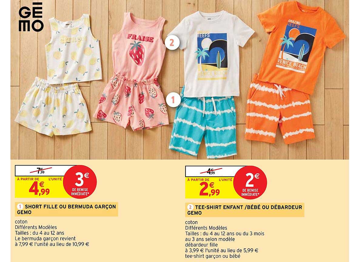 short fille ou bermuda garçon gémo, tee-shirt enfant-bébé ou débardeur gémo