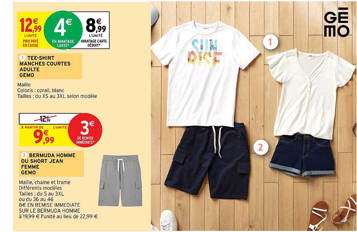 tee-shirt manches courtes adulte gémo, bermuda homme ou short jean femme gémo