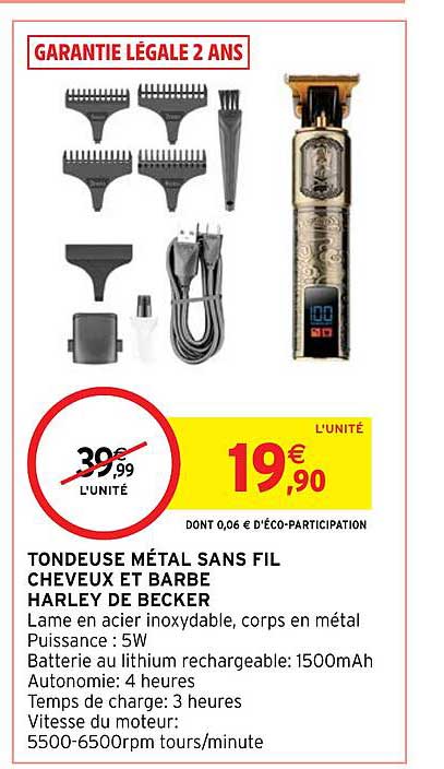 tondeuse métal sans fil cheveux et barbe harley de becker