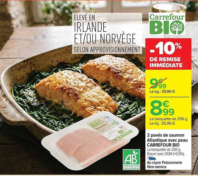 Carrefour BIO 2 pavés de saumon Atlantique avec peau