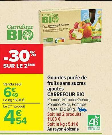 Carrefour BIO GOURDES PURÉE DE FRUITS SANS SUCRES AJOUTÉS