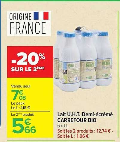 Carrefour Bio Lait U.H.T. Demi-écrémeé