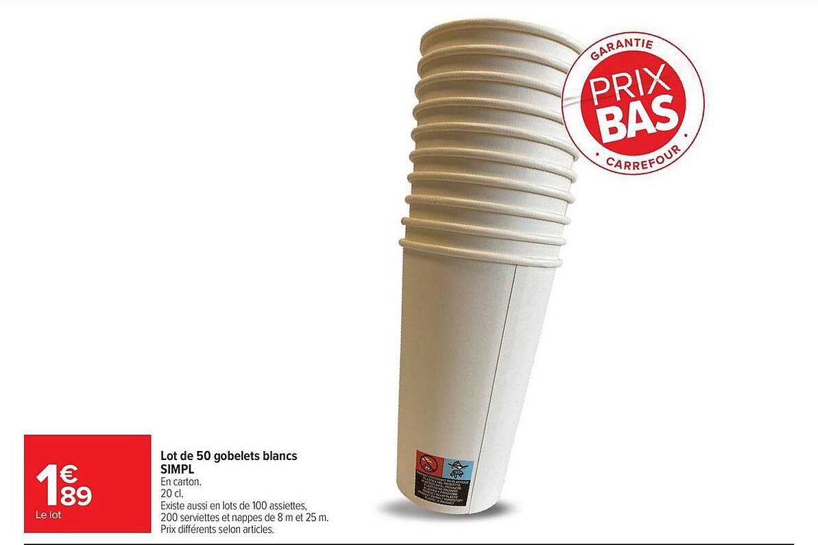 SIMPL Lot de 50 gobelets blancs