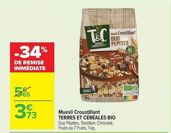TERRES ET CÉRÉALES BIO Muesli Croustillant Duo Pépites