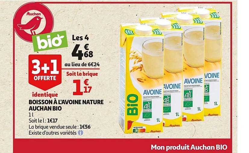 boisson à l'avoine nature auchan bio 3+1 offerte identique