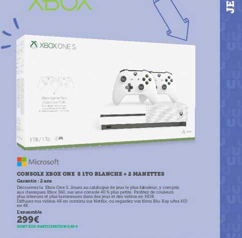 console xbox one s 1to blanche + 2 manettes microsoft