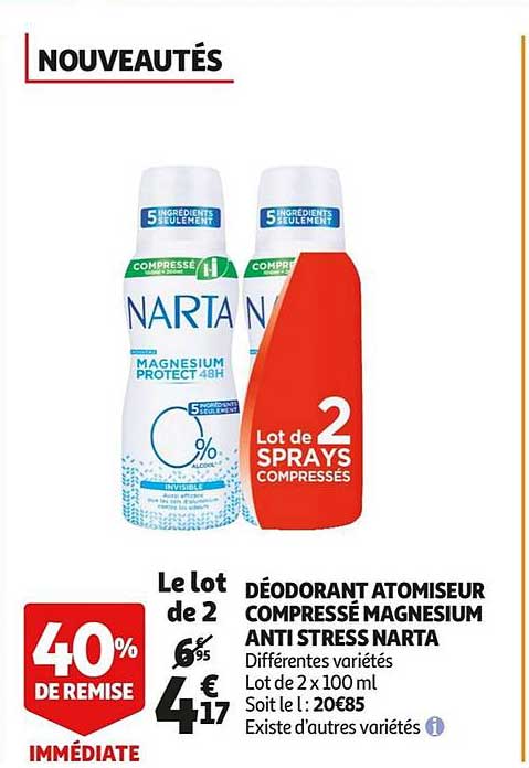 déodoraant atomiseur compressé magnesium anti stress narta 40% de remise immédiate