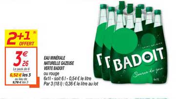 Eau Minérale Naturelle Gazeuse Verte Badoit 2+1 Offert