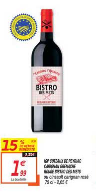 igp coteaux de peyriac carignan grenache rouge bistro des mets 15% de remise immédiate