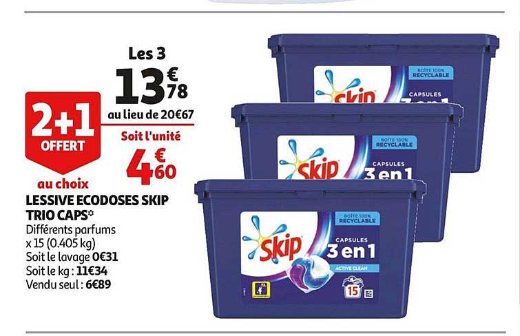 Lessive Ecodoses Skip Trio Caps 2+1 Offerte Au Choix