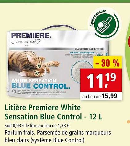 litière premiere white sensation blue control 12 l