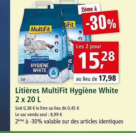 Litières Multifit Hygiène White 2 X 20 L 2ème à -30%