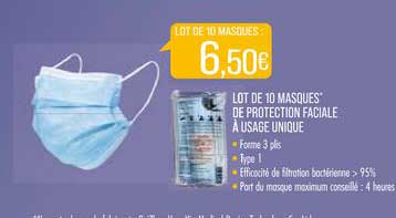 lot de 10 masques' de protection faciale â usage unique