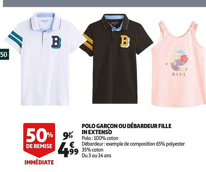 polo garçon ou débardeur fille in extenso 50% de remise immédiate