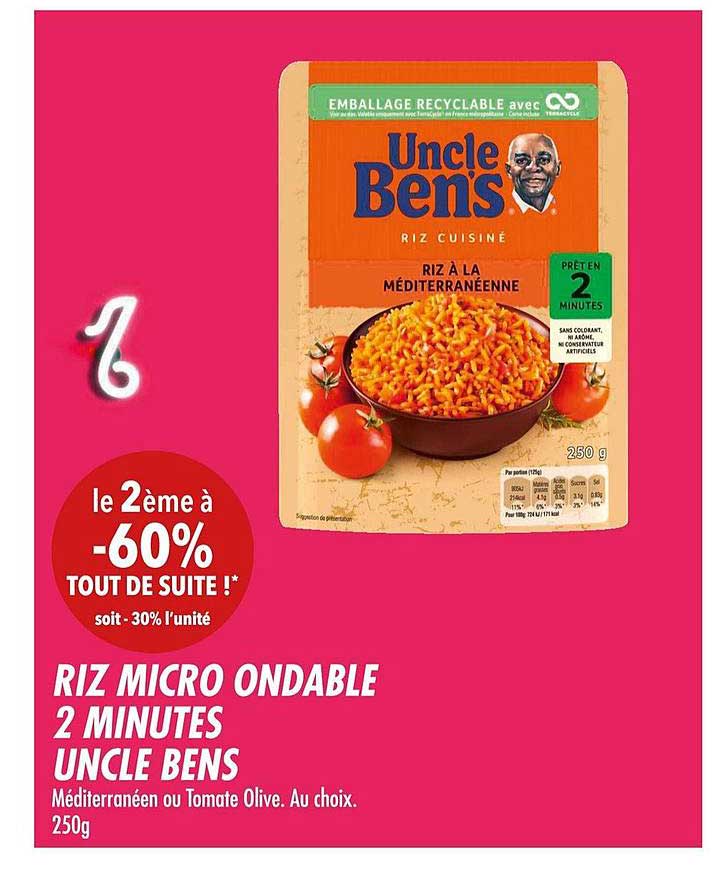 riz micro ondable 2 minutes uncle bens le 2ème à -60%