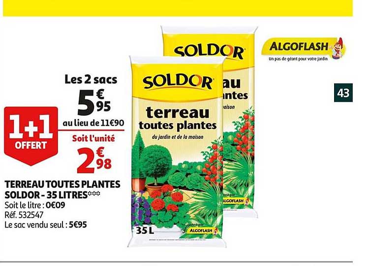 terreau toutes plantes soldor 35 litres 1+1 offert