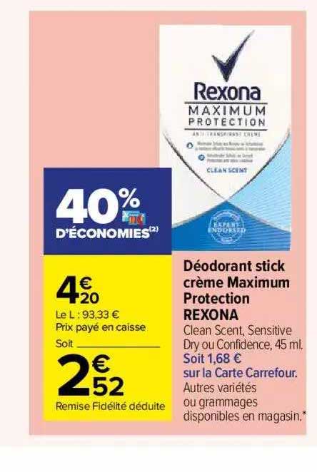 déodorant stick crème maximum protection rexona