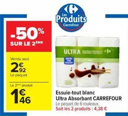 Essuie-tout Blanc Ultra Absorbant Carrefour -50% Sur Le 2ème
