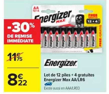 lot de 12 piles + 4 gratuites energizer max aa lr6 -30% de remise immédiate
