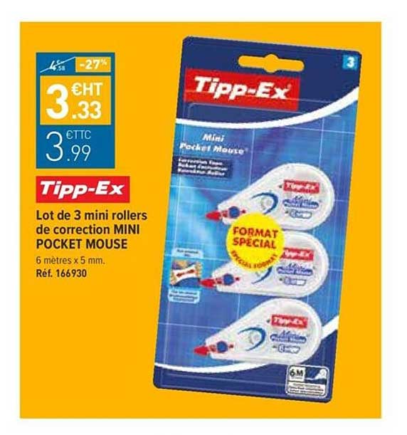 lot de 3 mini rollers de correction mini pocket mouse tipp-ex
