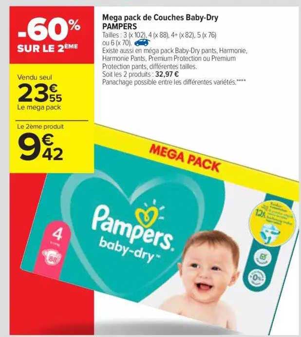 mega pack de couches baby-dry pampers -60% sur le 2ème