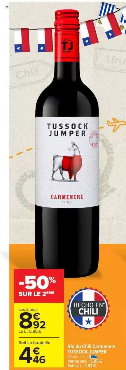 vin du chili carmenère tussock jumper -50% sur le 2ème